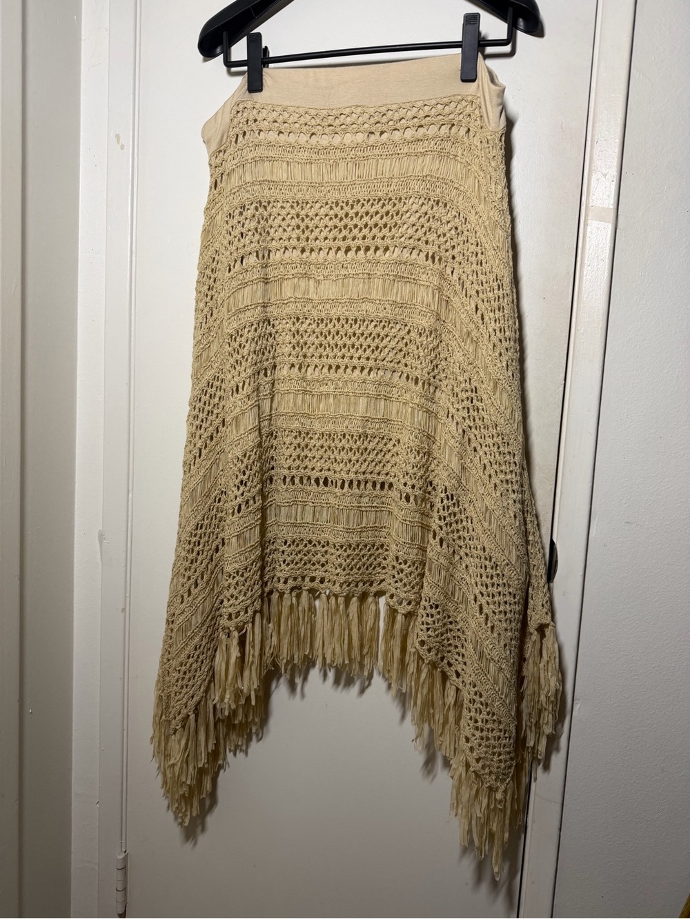 Chico's Cream Crochet Asymmetrical Fringe Skirt festival boho crochet fringe xl